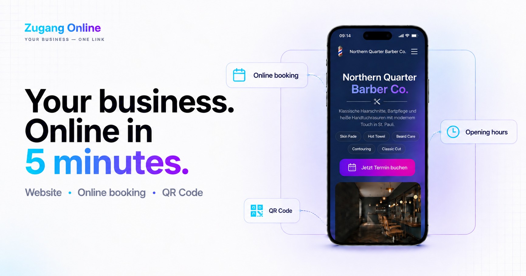 Zugang Online business page and booking preview